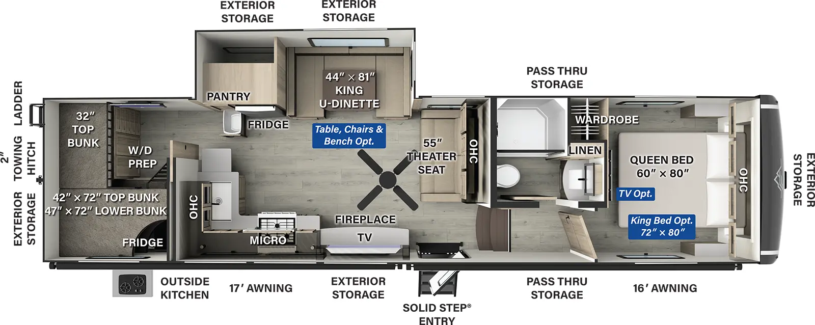 The Flagstaff Classic Fifth Wheels F374DBH has one entry and one slide out. Exterior features include: fiberglass exterior, 17' & 16' awning and outside kitchen. Interiors features include: bunk beds, u-dinette and front bedroom.